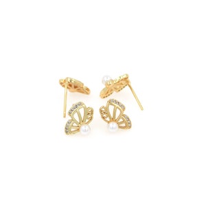 Butterfly Earrings, 18K Gold Filled Insect Stud Earrings, Micropavé CZ Pearl Stud Earrings, Gift for Her, DIY Jewelry Making Accessories
