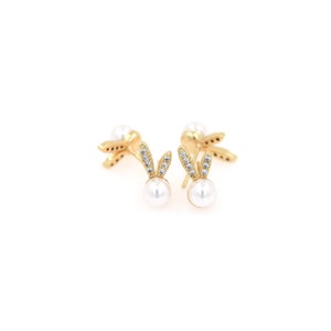 Rabbit Earrings, 18K Gold Filled Rabbit Ear Stud Earrings, Micropavé CZ Pearl Stud Earrings, Gift for Her, DIY Jewelry Making Accessories