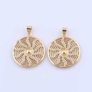 18K Gold Filled Round Pendant, Micropave Zirconia Sun Charms, DIY Jewelry Making Findings Supplies