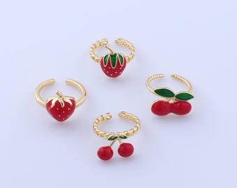 Anelli aperti riempiti in oro 18 carati, anelli a forma di fragola, anelli a forma di ciliegia, anelli smaltati, regalo per lei