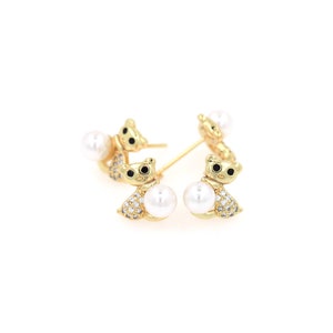 Cat Earrings, 18K Gold Filled Pet Stud Earrings, Micropavé CZ Pearl Stud Earrings, Gift for Her, DIY Jewelry Making Accessories, 11.5x12mm