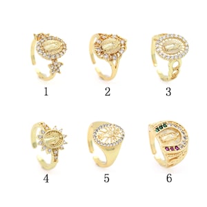 Anillo de la Virgen María, anillo católico chapado en oro de 18 quilates, anillo religioso con micro pavé de circonitas, anillo ajustable, regalo para ella