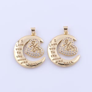 18K Gold Filled Moon Pendant, Micropave Zirconia Heart Charms, Mom Charms, DIY Jewelry Making Findings Supplies