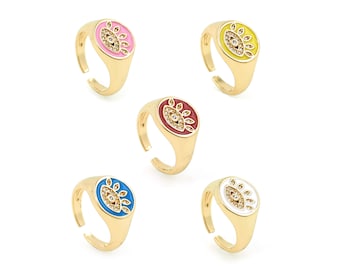 Enamel Evil Eye Ring, Enamel Ring, 18K Gold Filled Adjustable Ring, Round Ring, Delicate Ring, Evil Eye Charm, Multicolor Available