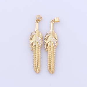 18K Gold Filled Feather Pendant, Micro Pave Zirconia Feather Charms, DIY Jewelry Making Findings Supplies