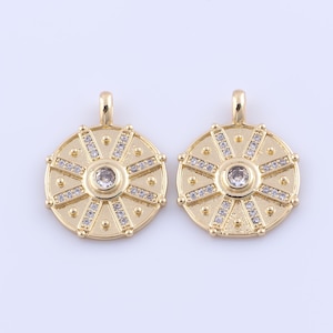 18K Gold Filled Round Pendant, Micropave Zirconia Disc Charms, DIY Jewelry Making Findings Supplies