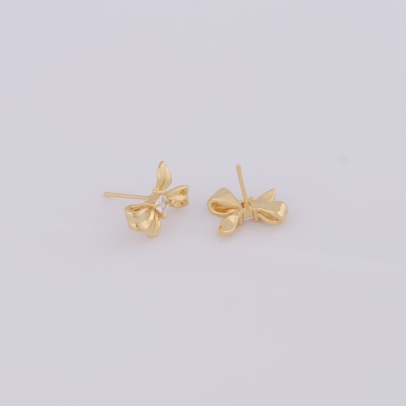 a162. 18k Non-tarnish Flat Bow Chain Stud Earrings Ribbon Bow Stud Flat Back Earring 14K Gold | Musemond main image 2