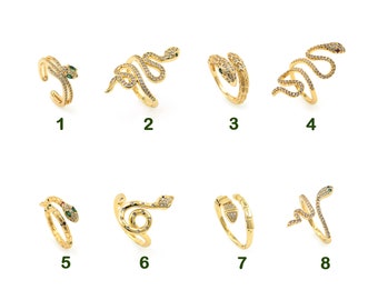 Snake Ring, 18K Gold Filled Reptile Ring, Snake Charm, Open Ring, Micropavé CZ Adjustable Ring, Various Available