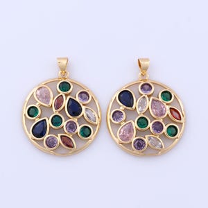 18K Gold Filled Round Pendant, Micropave Zirconia Teardrop Charms, DIY Jewelry Making Findings Supplies