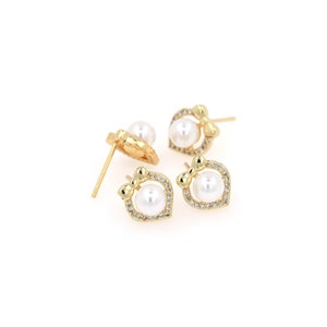 Bow Earrings, 18K Gold Filled Heart Stud Earrings, Micropavé CZ Pearl Stud Earrings, Gift for Her, DIY Jewelry Making Accessory, 11x10mm
