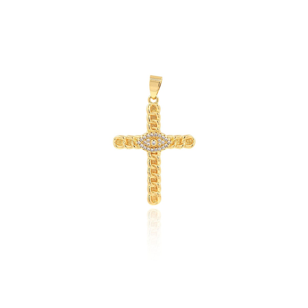Chained Evil Eye Cross Pendant, 18K Gold Filled Catholic Charm