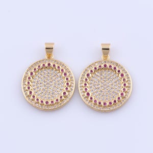 18K Gold Filled Round Pendant, Micropave Zirconia Disc Charms, DIY Jewelry Making Findings Supplies