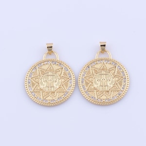 18K Gold Filled Round Pendant, Micropave Zirconia Disc Charms, DIY Jewelry Making Findings Supplies