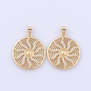 18K Gold Filled Round Pendant, Micropave Zirconia Sun Charms, DIY Jewelry Making Findings Supplies