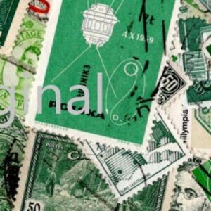 May include: A collection of vintage postage stamps featuring a green stamp with a satellite design and the text "Sputnik 3". Other stamps feature a variety of designs, including a green stamp with a 50 cent denomination and a stamp with a red and white design.