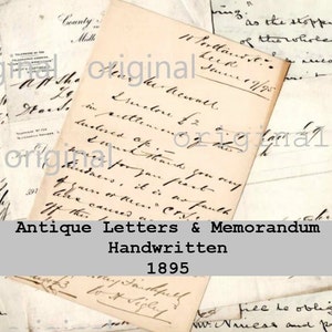 4 cartas escritas a mano antiguas vintage y memorando 1895, descarga digital instantánea: tinta negra crema sepia, guión, artesanías de arte de diario planificador