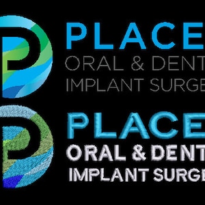 Peut inclure: Un logo bleu et vert avec le texte "PLACER ORAL & DENTAL IMPLANT SURGERY" en noir. Le logo est une lettre stylisée "P" avec un motif de vague bleu et vert.