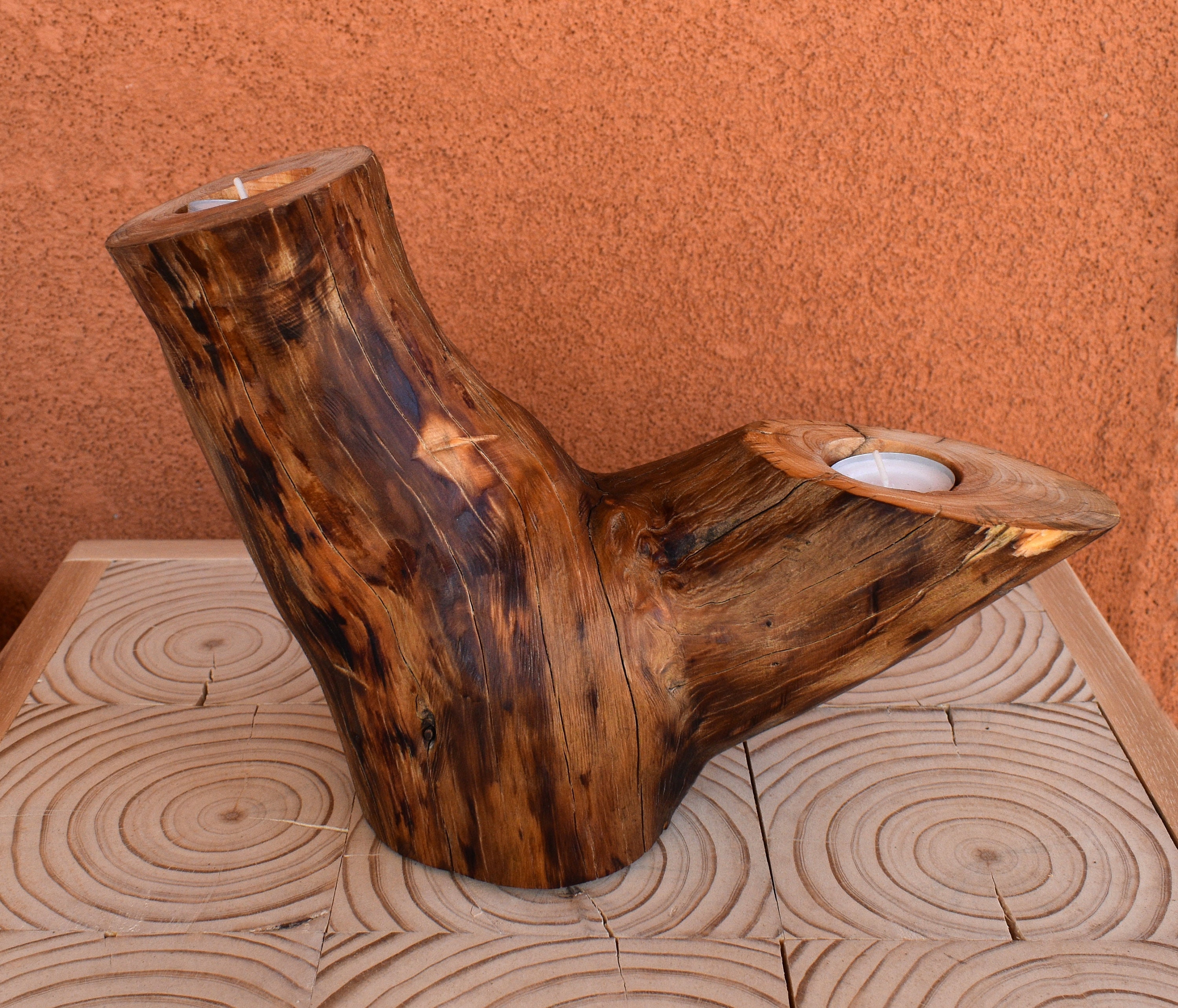 Alligator Juniper Wood Twin Tea Light Holder Display Centerpiece Etsy
