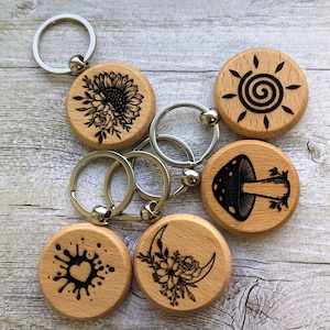 Keychain / Round Wood keychain / Gift / Mushroom / Sunflower / Symbol / Crescent