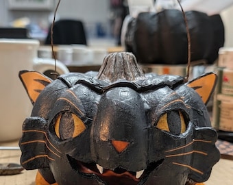 Vintage Style Folk Art Black Cat Pumpkin - Handmade Paper Mache Cat-Kin Lantern - Primitive Halloween Decor