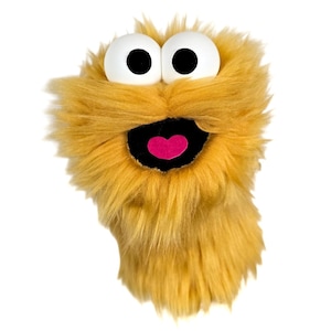 Wackadoo Monster oefenpop. Gouden wezen. Professionele handgemaakte handpop in 'muppetstijl' van UzzyWorks