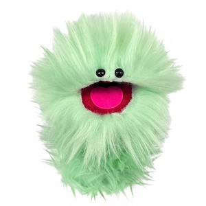 May include: A plush, fuzzy, light green monster puppet with a wide open mouth. The mouth is lined with red fabric and has a bright pink tongue. The puppet has two small, black, button eyes.