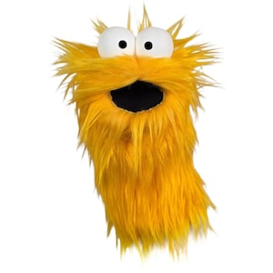 Marioneta de práctica del Monstruo Loco. Criatura amarilla. Marioneta de mano profesional hecha a mano al estilo de los Muppets por UzzyWorks.