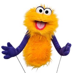 May include: A fuzzy, orange puppet with large, googly eyes and a red tongue. The puppet has purple arms and hands, and is made of a soft, plush material. The puppet is designed to be operated with strings.