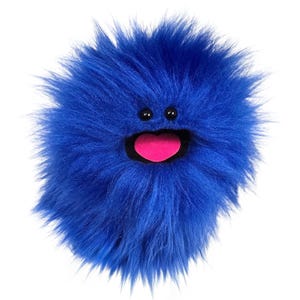 May include: A plush, round, blue monster with a fluffy texture. It has two small black eyes and a pink, open mouth. The toy is designed to resemble a friendly, cartoonish creature.