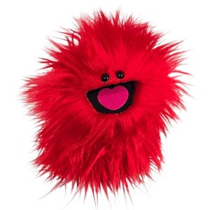 May include: A round, plush toy covered in long, vibrant red faux fur. It features two small, round black eyes positioned above a wide, open black mouth. Inside the mouth, there is a prominent, flat, heart-shaped tongue in a bright pink color.