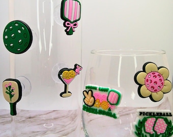 Pickleball Wine Glass Charms: Reusable Drink Markers for Stemless Glasses