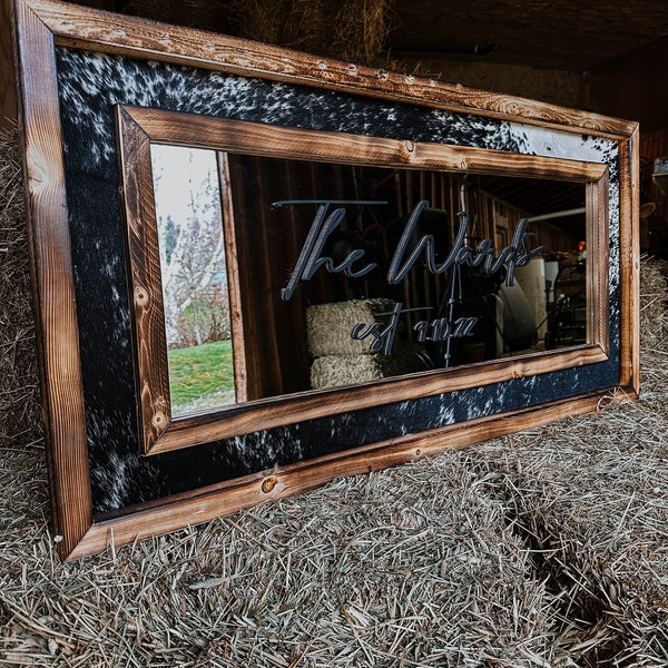 Framed cowhide mirror / Western mirror/ Cowhide decor