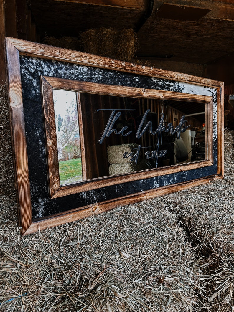 Framed cowhide mirror / Western mirror/ Cowhide decor