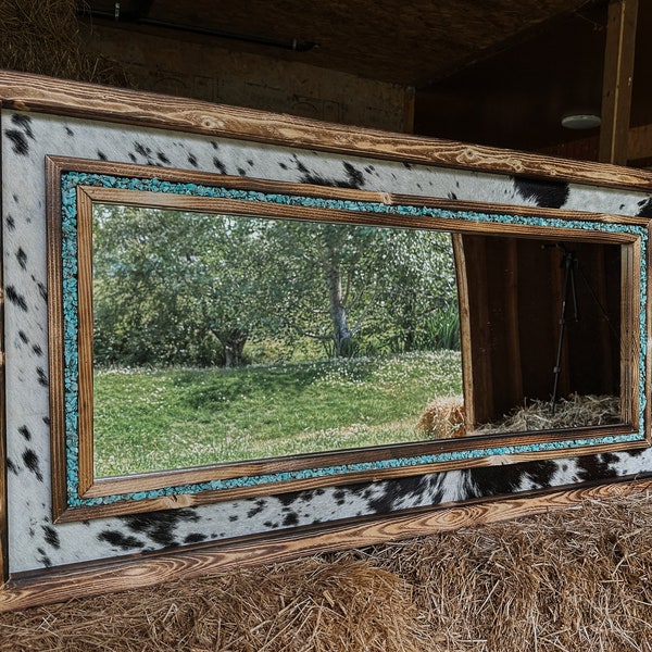 Handmade Cowhide & Turquoise Western Mirror - Pine Wood Frame