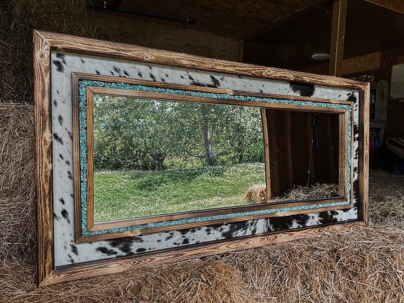 Framed cowhide turquoise mirror / Western mirror/ Cowhide decor