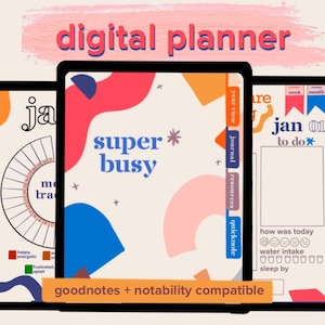 May include: A digital planner with a colorful abstract design. The planner includes sections for daily tasks, mood tracking, and water intake. The text "super* busy" is featured on the planner. The planner is compatible with Goodnotes and Notability.