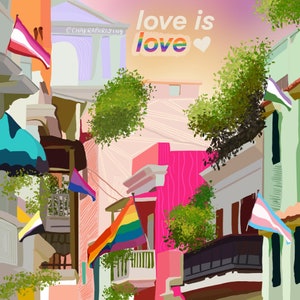 Puede incluir: Una ilustración colorida de una ciudad con edificios decorados con banderas arcoíris y el texto "love is love" con un corazón. La ilustración está en un estilo de dibujos animados y presenta una variedad de colores y texturas.