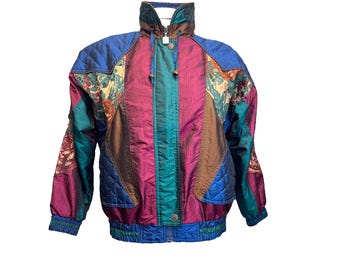 Kurtka typu bomber w stylu vintage z lat 80. z kwiatowym blokiem kolorów – rozmiar S