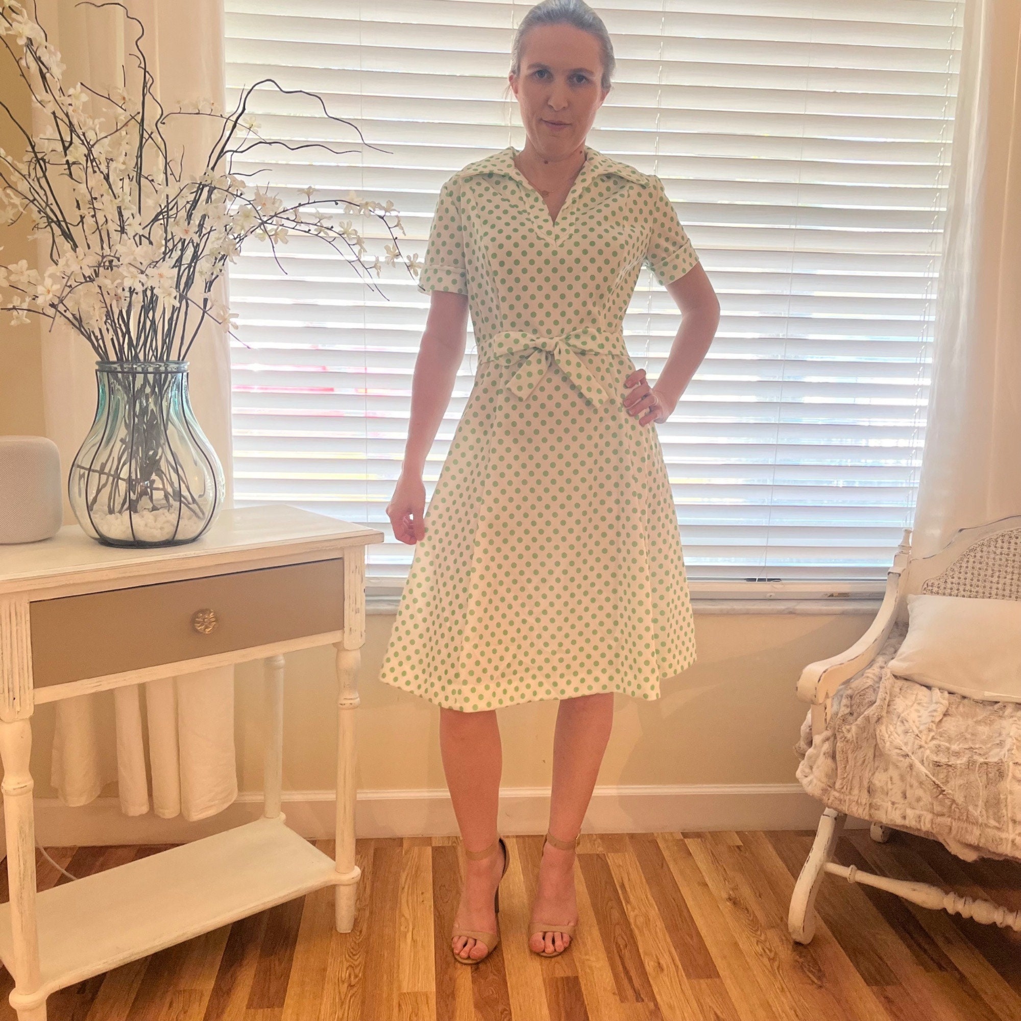 Buy American Vintage 1960s Belted Dress Polka Dot Large Dagger 