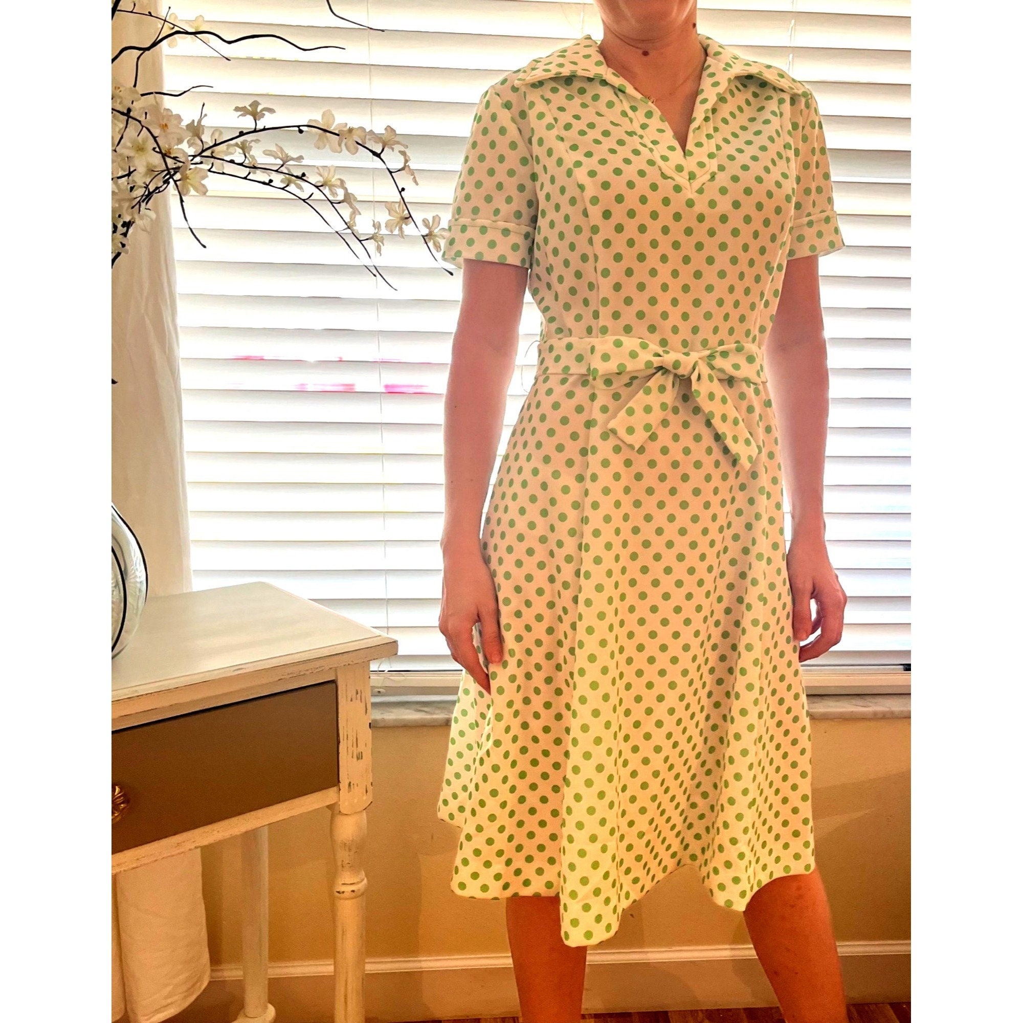 Buy American Vintage 1960s Belted Dress Polka Dot Large Dagger 