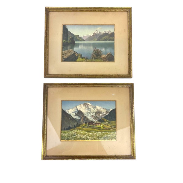 RH Macy Vintage Set of Framed Art Lake Lucerne Print & Jungfrau Bernese Alps Switzerland MCM Framed Art Wall Hangings Swiss Landmarks Folk