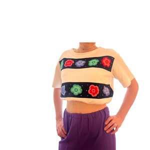 Vintage 80s Flower Power Blouse: Embroidered Cotton Boxy Crop Top