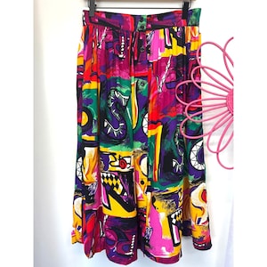 Vintage 80s Abstract Print Rayon Skirt: Groovy Funky Art Deco, M/L