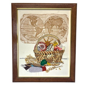 Vintage Crewel Embroidered World Map: 1982 Paragon Framed Art