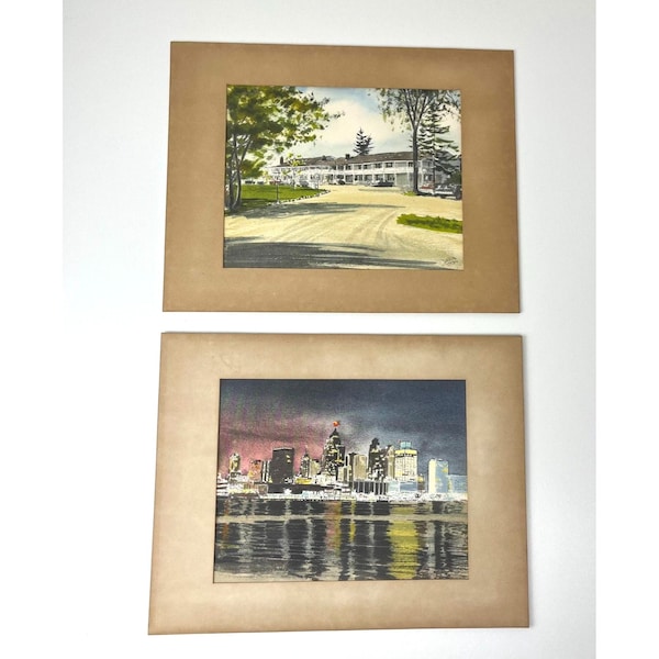 Davis Gray Signed MCM Vintage Water Color Paintings Detroit Skyline & Botsford Inn Set of 2 Eclectic Collectible Wall Decor Art Deco