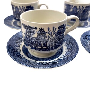 Vintage 4qty. Churchill China Blue Willow 6oz Coffee Tea Cup & Saucer Set England Rare Collectible Wedding House Warming Home Decor