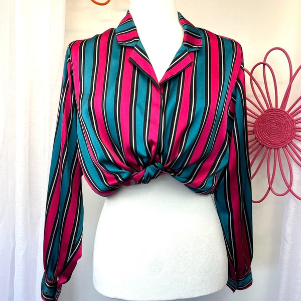 Halston III Satin Striped Vintage Blouse Button Down 80s 90s Size 8 Bright Colors Designer Disco Secretarial Crop Long Sleeve Fashionista