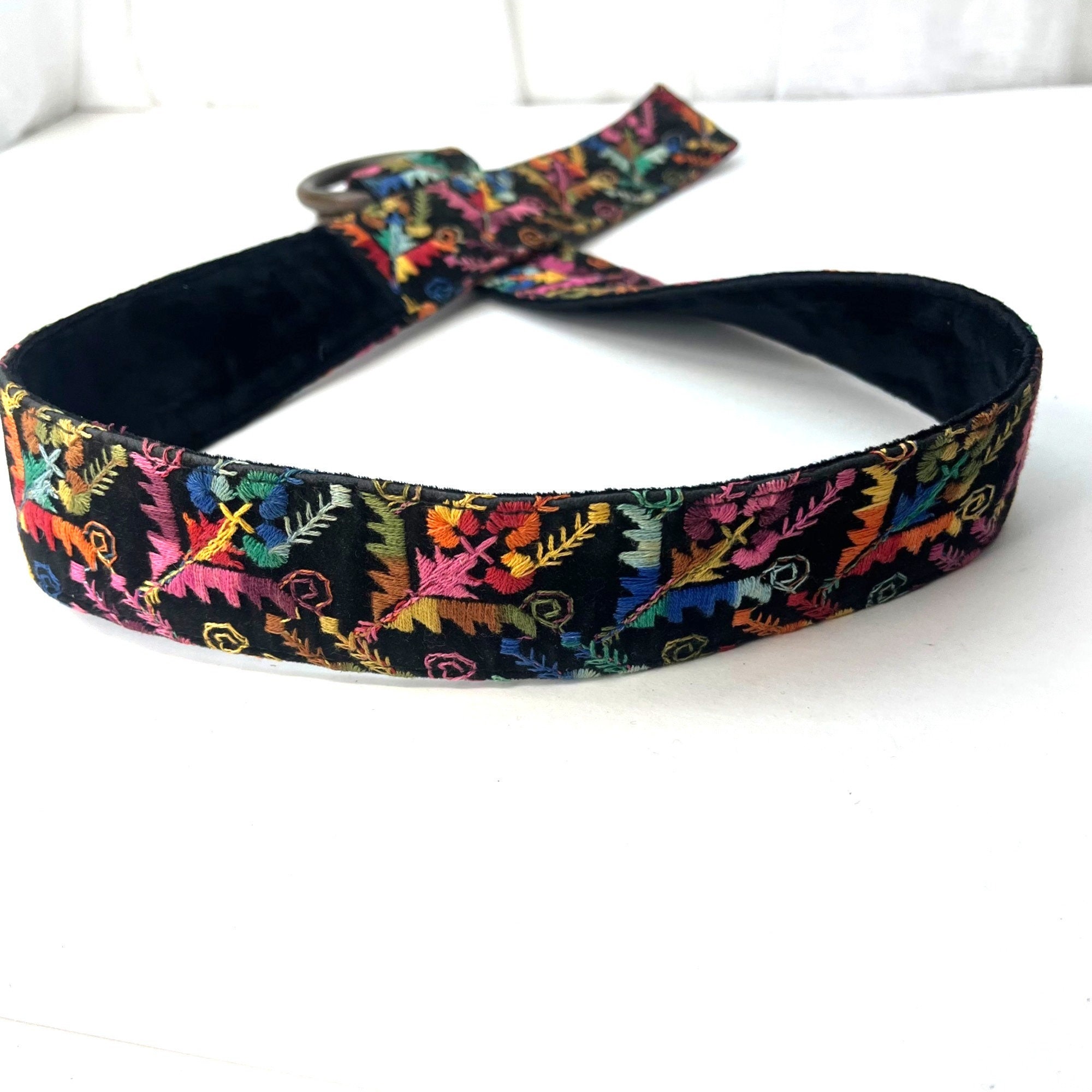 Embroidered Velvet Belt: Vintage Floral Brass Buckle, Size  display picture 2