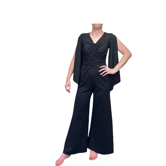 Vintage 70s Retro Disco Jumpsuit Pant Suit Black … - image 1