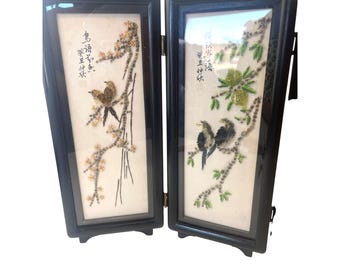 ヴィンテージ和風四つ折り屏風：貝殻アート鳥、卓上装飾 - Etsy 日本